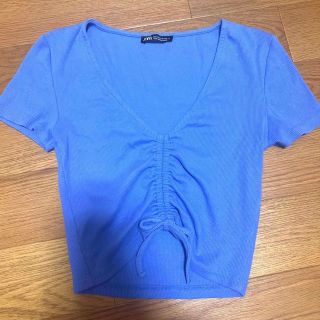 ザラ(ZARA)のZARA ギャザーデザインTシャツ　トップス　ブルー(Tシャツ(半袖/袖なし))