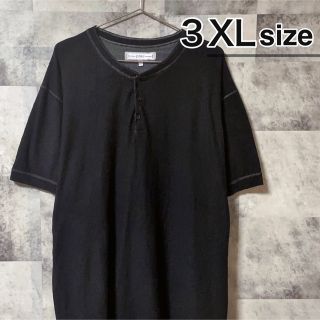 Tシャツ　3XLサイズ　ヘンリーネック　無地　黒　ブラック　ボタン　USA古着(Tシャツ/カットソー(半袖/袖なし))