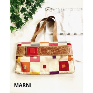 マルニ(Marni)のマルニ　MARNI イタリア製 スクエア モチーフ 布と革のカラフルハンドバッグ(ハンドバッグ)