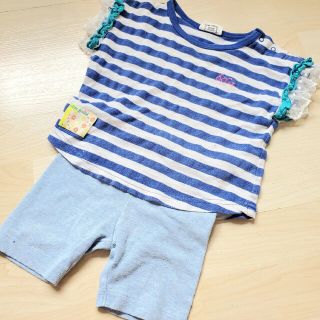 ユニクロ(UNIQLO)の最安値【mother goose】青ボーダー半袖シャツ&【ユニクロ】水色半ズボン(Ｔシャツ)