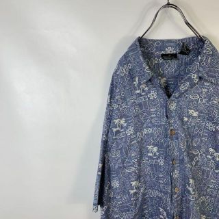 D504 総柄　柄シャツ　アロハシャツ　花柄　L ブルー　半袖シャツ　前開き(シャツ)