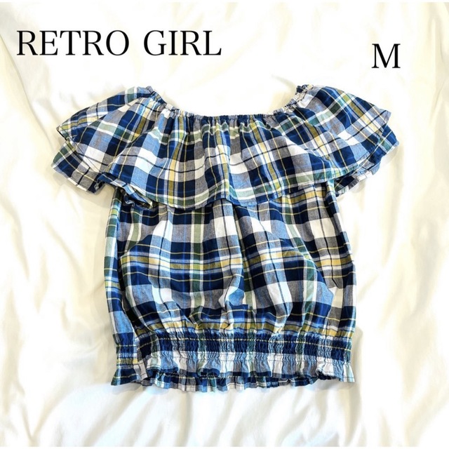 RETRO GIRL(レトロガール)のRETRO GIRL チェック柄 フリル オフショルダー ブラウス【Mサイズ】 レディースのトップス(シャツ/ブラウス(半袖/袖なし))の商品写真