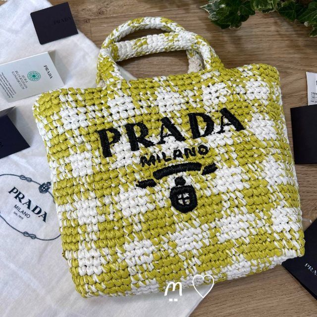 新品新作 PRADA プラダ ストライプラフィアスモールトートバッグ かご