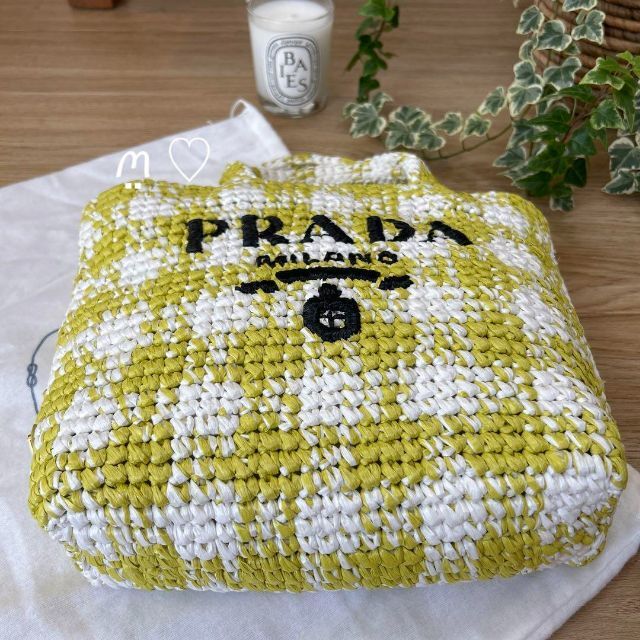 新品新作　PRADA　プラダ　ストライプラフィアスモールトートバッグ　かごバッグ