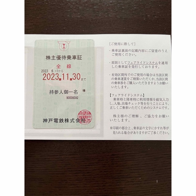 神戸電鉄株主優待乗車証(定期券型) - 鉄道乗車券