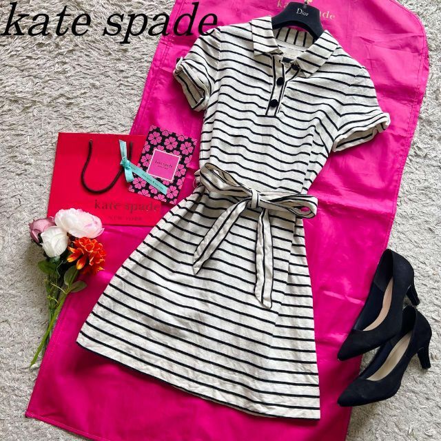 【美品】kate spade ポロシャツワンピース ボーダー S リボンベルト