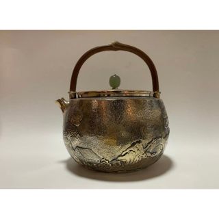 時代 純銀製 山水図彫 湯沸 工芸品 美術品 銀瓶 煎茶道具(その他)