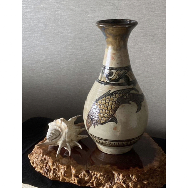 美術品/アンティーク 人間国宝 金城次郎 初期作 34cm線彫魚紋大型徳利