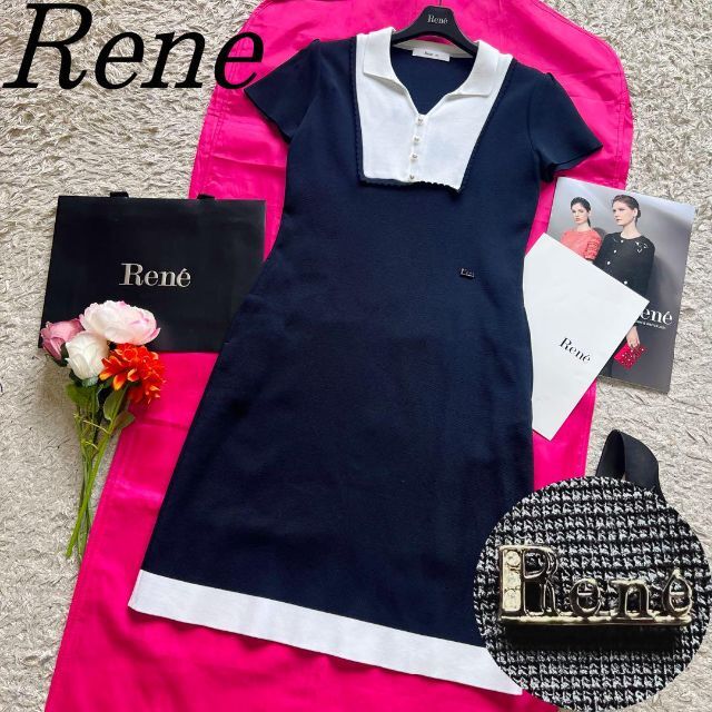 René - 【美品】Rene サマーニットワンピース 白襟 パール ネイビー 34