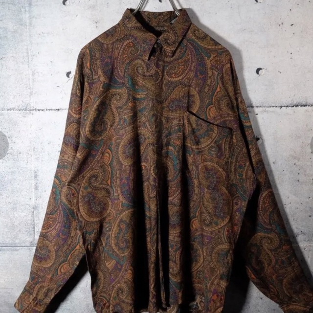 古着 1点物 とろみ 総柄シャツ ペイズリー バブル奇抜 長袖 茶色 ブラウン