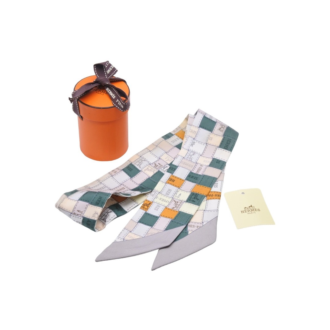 HERMES エルメス ストール ツイリー スカーフ グリーン ホワイト シルク フランス製 良品  49385