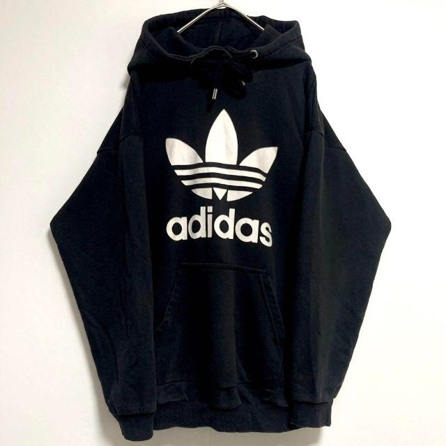 人気◎adidas◎パーカー◎黒×白◎トレフォイルロゴ◎プルオーバー◎太アーム◎