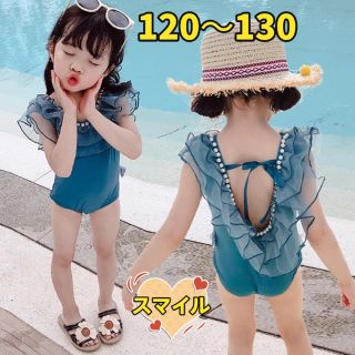 キッズ水着　チュールフリル　ネックパール　ワンピース　女の子服夏物120〜130(水着)