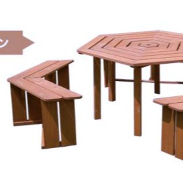 ガーデンテーブル&ベンチ4点セット 木製 六角 ブラウン 最大6人使用可能 7
