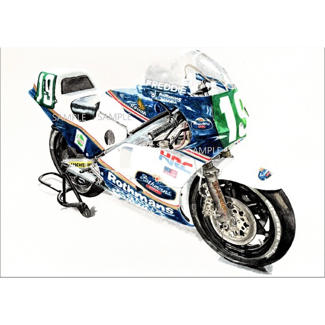 ホンダ(ホンダ)のロスマンズホンダ NSR250 フレディスペンサー 水彩画 バイク イラスト 自動車/バイクのバイク(その他)の商品写真