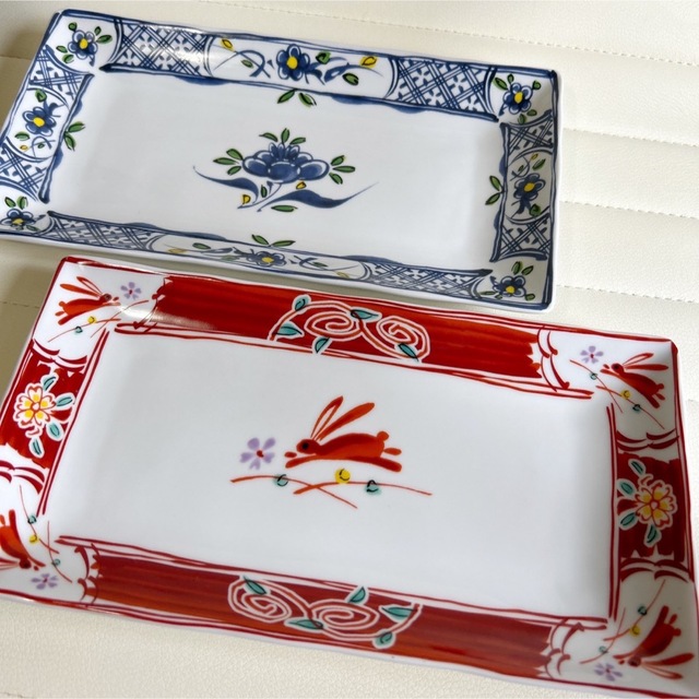 美濃焼　夢紀之　長皿　長角皿　2枚セット　赤絵　青絵　和食器　サンマ皿　うさぎ