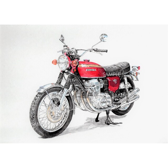 ホンダ(ホンダ)のホンダ CB750FOUR ナナハン 赤 水彩画 バイク イラスト インテリア 自動車/バイクのバイク(その他)の商品写真