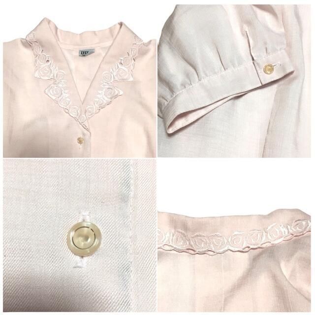 レディース 花柄襟 かわいい ピンクベージュ 半袖シャツ ブラウス トップス