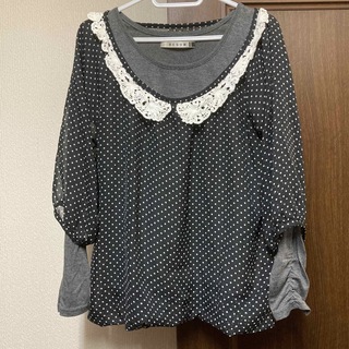 トップス　ドット柄　レース襟　裾バルーン　Mサイズ(カットソー(長袖/七分))