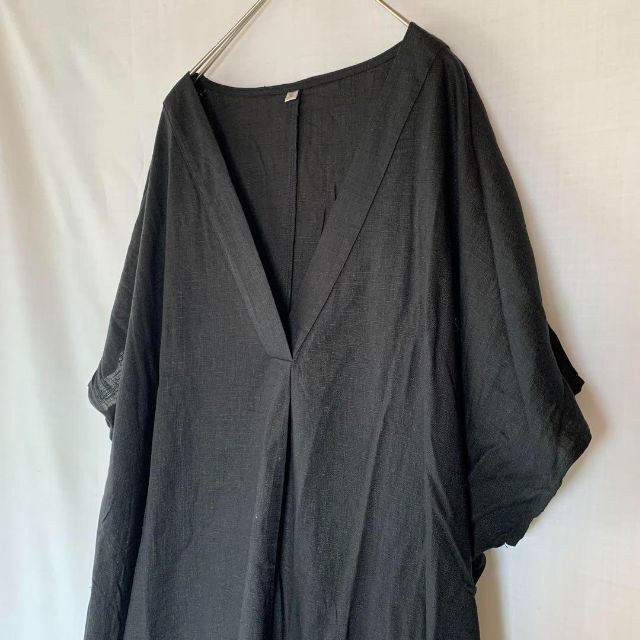 綿麻ワンピース 春 夏  XL　ポケット半袖 ゆったり 体型カバー　ブラック　黒 レディースのワンピース(ロングワンピース/マキシワンピース)の商品写真