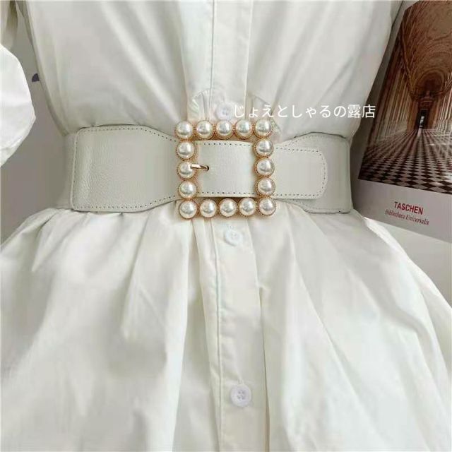 【白】レディース ベルト ゴム パールバックル レザーベルト スクエア レディースのフォーマル/ドレス(その他ドレス)の商品写真
