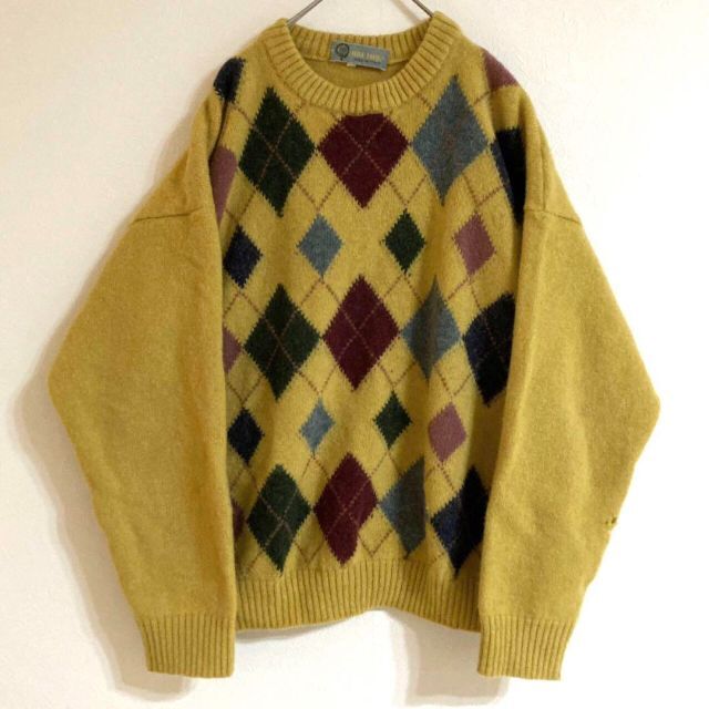 レア◎90s◎イタリア製◎ニット◎黄色◎マルチカラー◎好配色◎レトロ◎アーガイル レア◎90s◎イタリア製◎ニット◎黄色◎マルチカラー◎好配色◎レトロ◎アーガイル