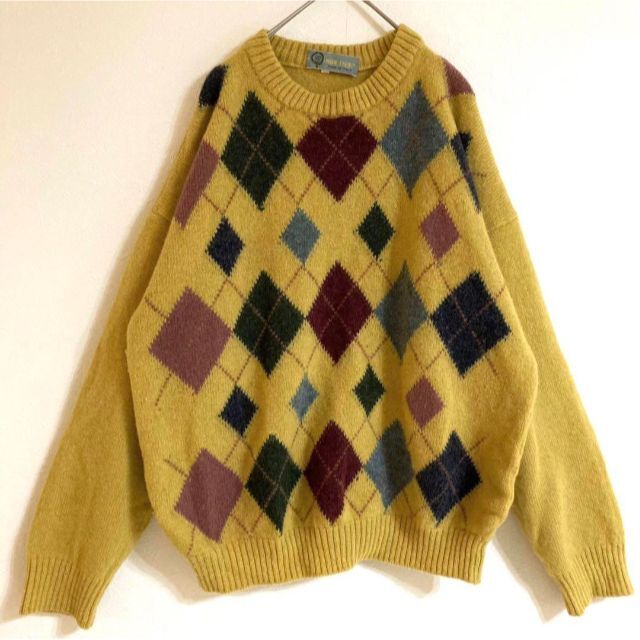 レア◎90s◎イタリア製◎ニット◎黄色◎マルチカラー◎好配色◎レトロ◎アーガイル レア◎90s◎イタリア製◎ニット◎黄色◎マルチカラー◎好配色◎レトロ◎アーガイル