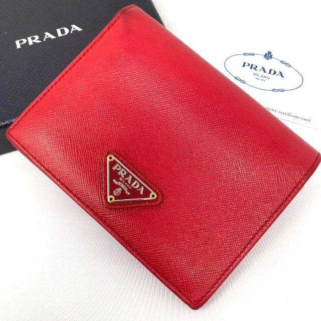 美品 プラダ 二つ折り財布 サフィアーノ 三角 ロゴ トライアングル レザー 赤