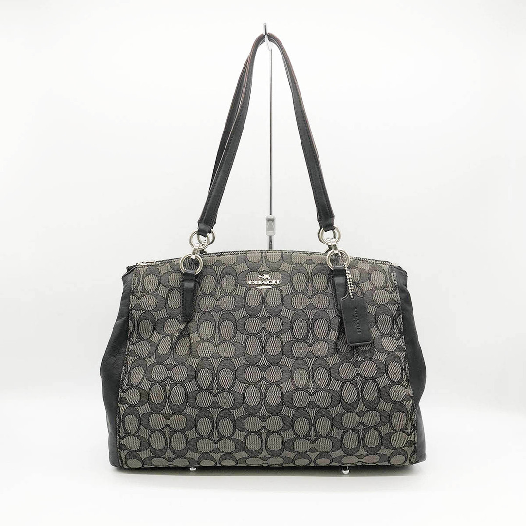 セール COACH コーチ シグネチャー ショルダーバッグ トートバッグ 肩掛け バッグ キャンバス×レザー グレー ブラック レディース USED