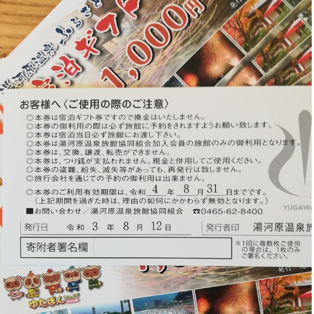 湯河原　■宿泊券9000円分■　有効期限令和5年9月30日まで　♨温泉旅行に♪ チケットの優待券/割引券(宿泊券)の商品写真