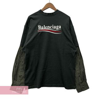 バレンシアガ(Balenciaga)のBALENCIAGA 2023SS Political Campaign Layered Tee Oversized 698631 TKVJ1 バレンシアガ オーバーサイズポリティカルキャンペーンレイヤードTシャツ 長袖 ロンT ロゴ刺繍 ダメージ加工 袖チェック切替 ブラック サイズ1【230521】【新古品】【me04】(Tシャツ/カットソー(半袖/袖なし))