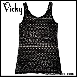 ビッキー(VICKY)のVICKY ビッキー フラワー レース タンクトップ ミニワンピース Black(ミニワンピース)