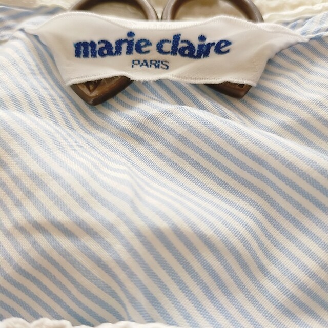 Marie Claire(マリクレール)のストライプ柄半袖ブラウス　パフスリーブ　フリル　古着 レディースのトップス(シャツ/ブラウス(半袖/袖なし))の商品写真