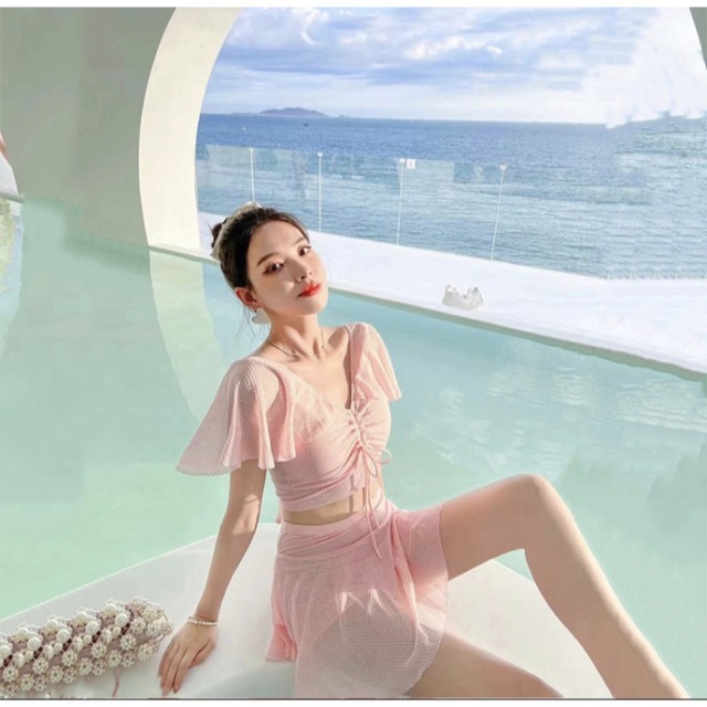おしゃれ♫ 女性用 水着 総レースタンキニ  フリーサイズ  淡いピンク色  レディースの水着/浴衣(水着)の商品写真