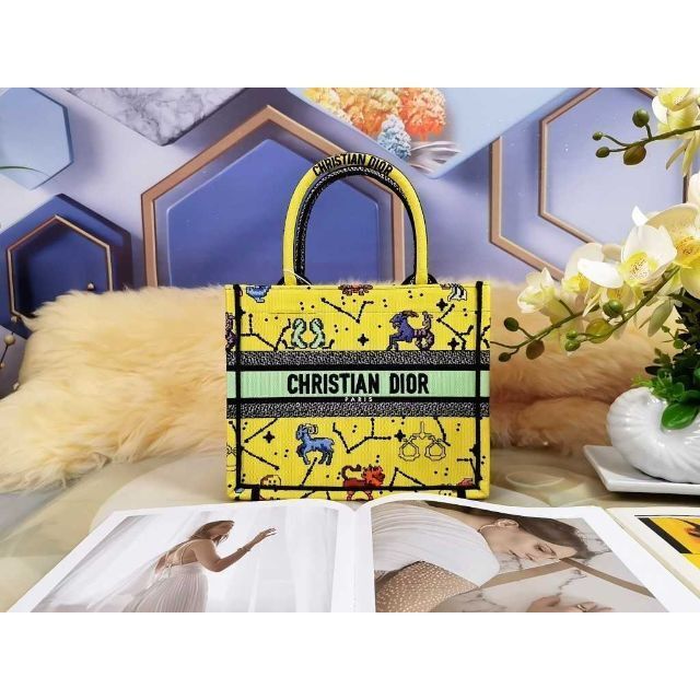 【気質アップ】 - Dior Christian ディオール イエロー/マルチカ キャンバス ハンドバッグ スモール ブックトート トートバッグ