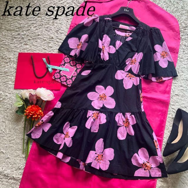 【美品】kate spade 総柄フレアワンピース ブラック 2 M サクラ