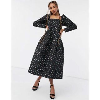 エイソス(asos)のASOS キルティング 花柄 ティアード ドレス ワンピース ブラック 黒(ロングワンピース/マキシワンピース)