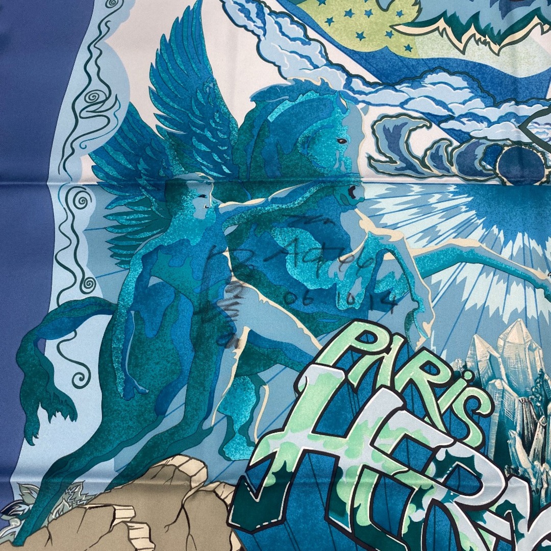 [USED/]HERMES エルメス スカーフ カレ90 THE ALFEE 25周年コラボ ブルー ※サイン入り LIBRE COMME L’ANGE  tdc-001051-4e