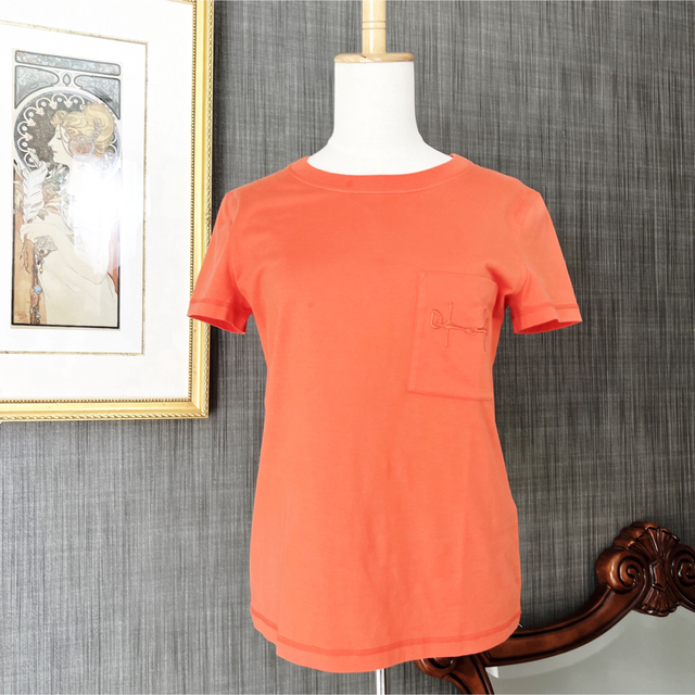 約16センチ肩幅美品　HERMES エルメス　Tシャツ　カットソー　オレンジ　刺繍　コットン