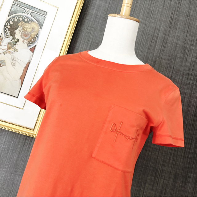 美品　HERMES エルメス　Tシャツ　カットソー　オレンジ　刺繍　コットン