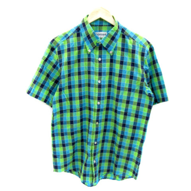 MORGAN HOMME(モルガンオム)のモルガンオム カジュアルシャツ 半袖 ボタンダウン チェック柄 L 緑 水色 紺 メンズのトップス(シャツ)の商品写真