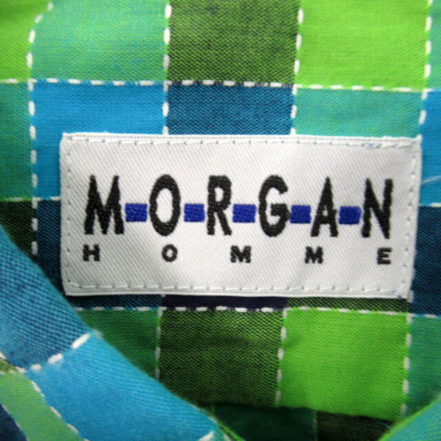 MORGAN HOMME(モルガンオム)のモルガンオム カジュアルシャツ 半袖 ボタンダウン チェック柄 L 緑 水色 紺 メンズのトップス(シャツ)の商品写真