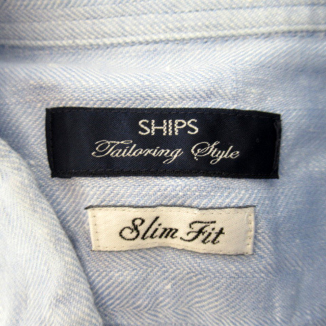 SHIPS(シップス)のシップス カジュアルシャツ 長袖 ボタンダウン ヘリンボーン柄 リネン M 水色 メンズのトップス(シャツ)の商品写真