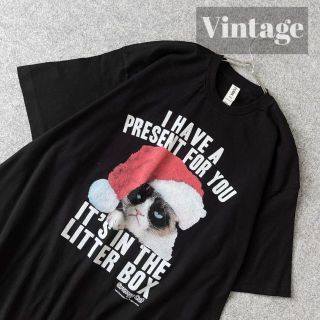 アートヴィンテージ(ART VINTAGE)の【vintage】サンタ 猫 ネコ ビッグプリント ルーズ 黒 Tシャツ 3L(Tシャツ/カットソー(半袖/袖なし))