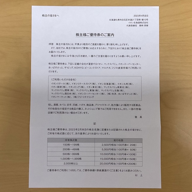 イオン北海道　優待　5000円　2024-6-30　期間が長い