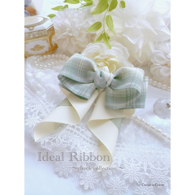 Ideal Ribbon グリーン&クリーム レディースのヘアアクセサリー(バレッタ/ヘアクリップ)の商品写真