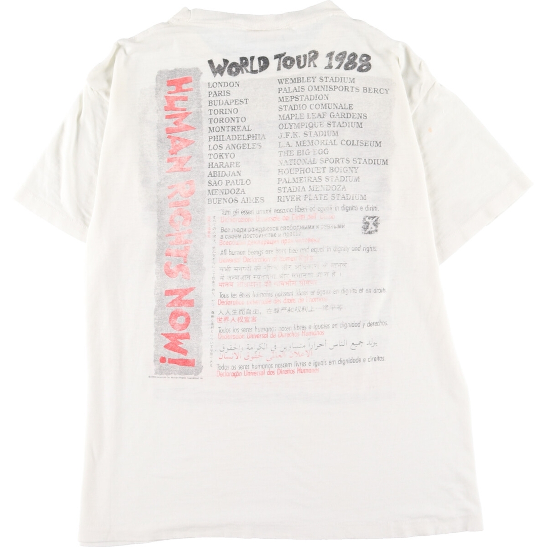 Reebok(リーボック)の古着 80年代 リーボック Reebok HUMAN RIGHTS NOW! 両面プリント プリントTシャツ USA製 メンズL ヴィンテージ /eaa337465 メンズのトップス(Tシャツ/カットソー(半袖/袖なし))の商品写真