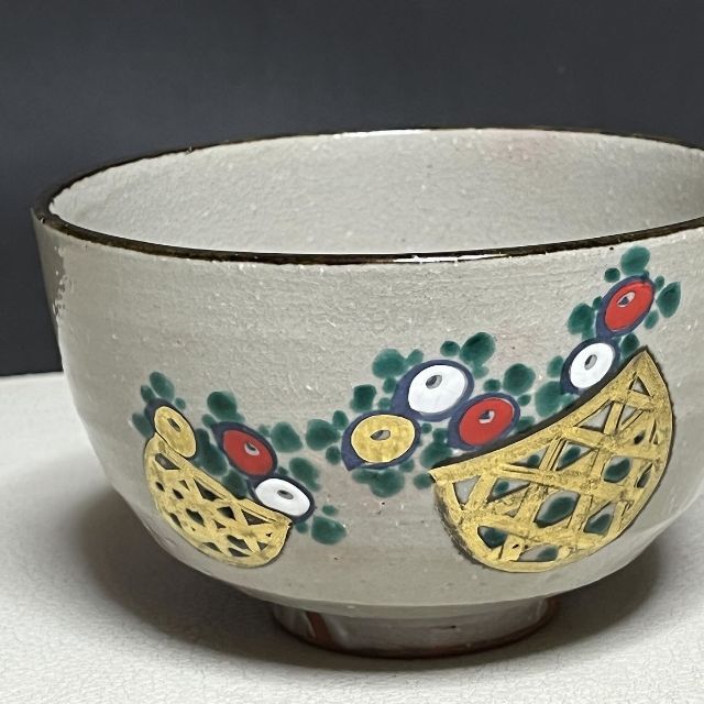 いつでもポイント10倍 岡田佳山 菊之絵茶碗 共箱 茜窯 粟田焼 光琳菊