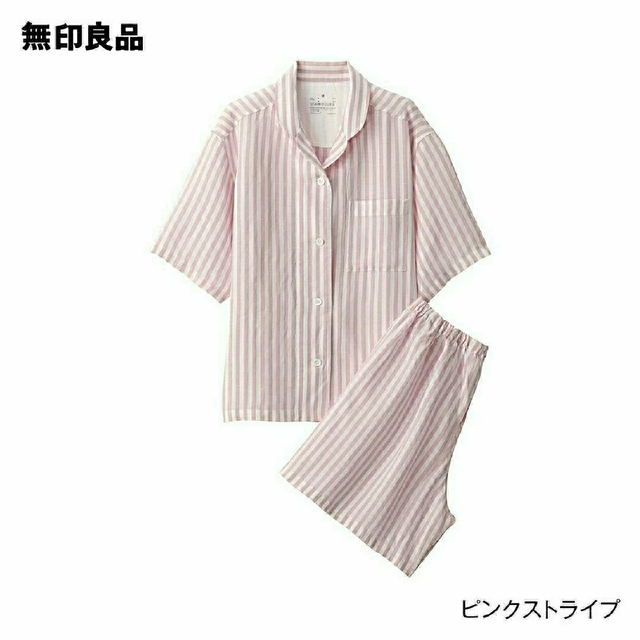 MUJI (無印良品)(ムジルシリョウヒン)の無印良品 天然素材の接触冷感 リヨセル麻半袖パジャマ／ピンクストライプ／Ｍ レディースのルームウェア/パジャマ(パジャマ)の商品写真