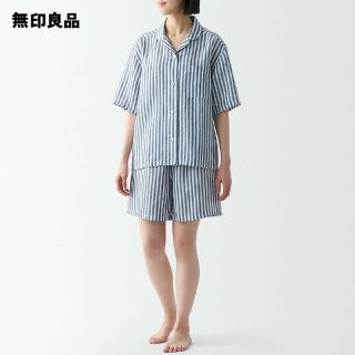 ムジルシリョウヒン(MUJI (無印良品))の無印良品 天然素材の接触冷感 リヨセル麻半袖パジャマ／ネイビーストライプ／Ｌ(パジャマ)